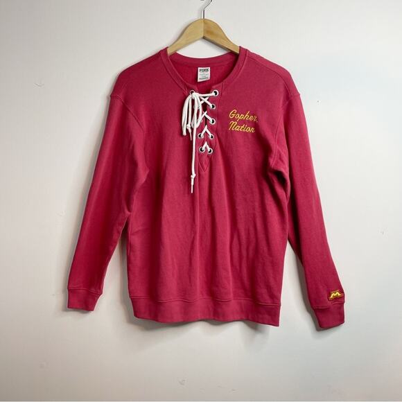 Pink Victorias Secret University of Minnesota Lace Up Oversized Sweatshirt Top S - Picture 1 of 11